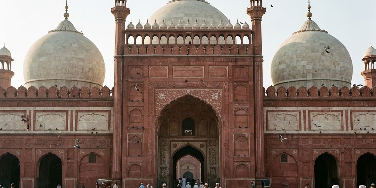The red sandstone facade and white marble domes of Badshahi Mosque