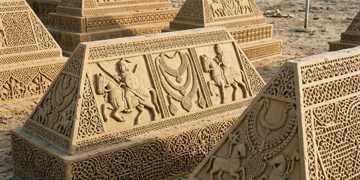 Intricately carved yellow sandstone graves at the Chaukhandi necropolis