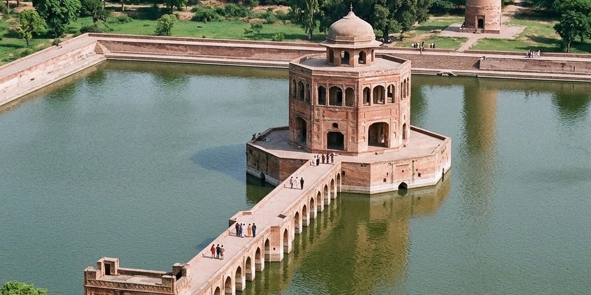 The octagonal pavilion and causeway of Hiran Minar inside a brick-lined tank