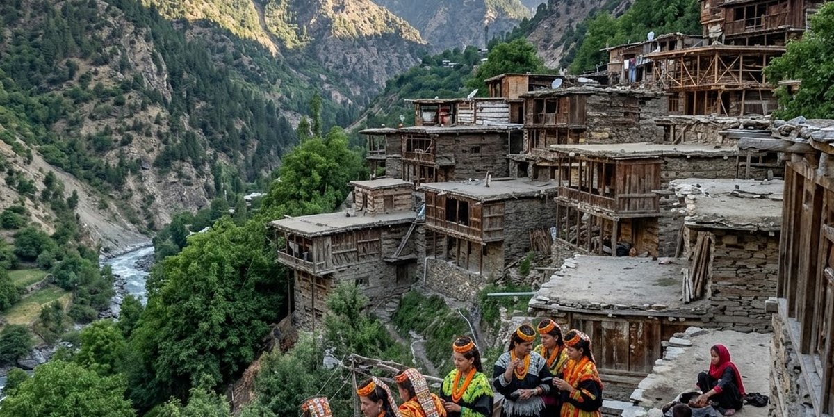 Multi-story pine log and stone houses stacked up the Kalash Valley mountain slope
