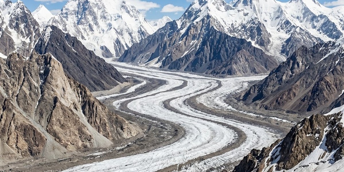 The massive, jagged snow-capped granite peak of K2 towering over Baltoro Glacier