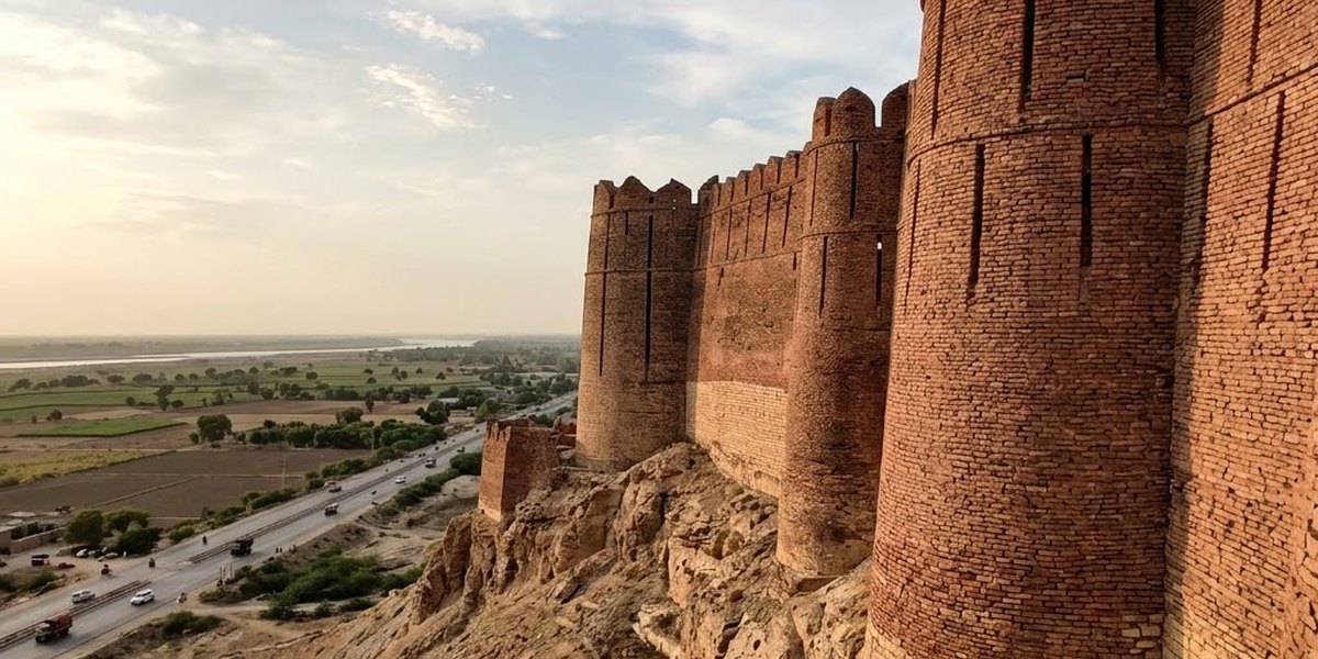 The massive brick-built ramparts of Kot Diji Fort snaking over a limestone hill