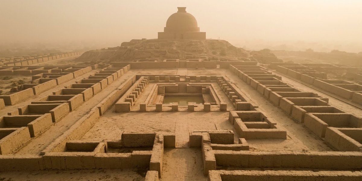 The Great Bath and brick citadels of Moenjodaro under a bright sky