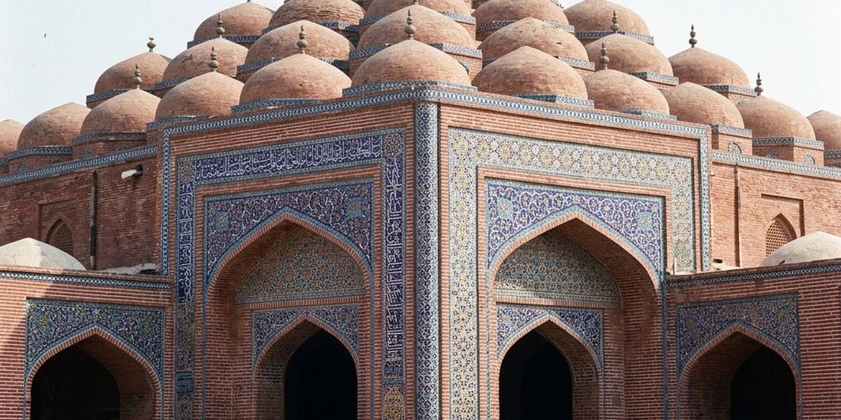 The geometric brick dome and blue mosaic tiles of Shah Jahan Mosque