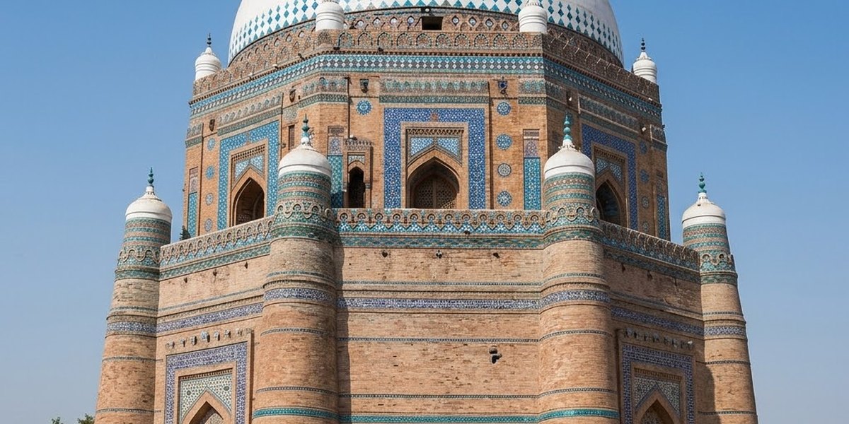 The massive, sloping octagonal brick tomb of Shah Rukn-e-Alam