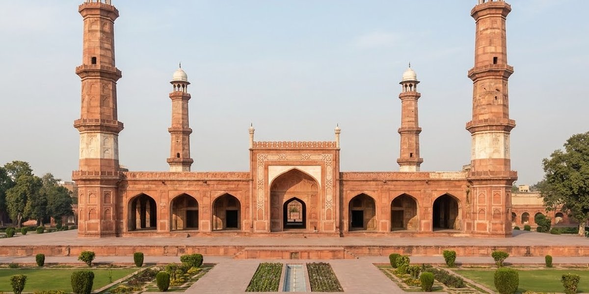 The single-story red sandstone tomb of Emperor Jahangir inside vast gardens