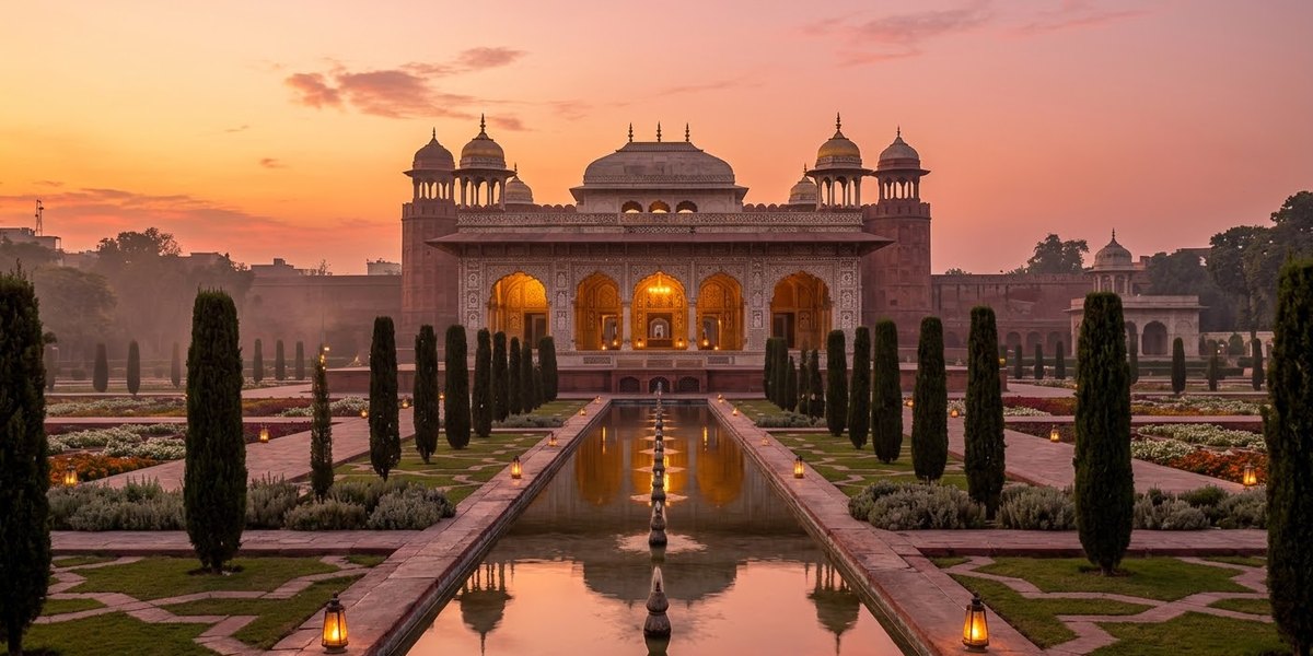 Symmetrical water canal reflecting red sandstone pavilions and Shalimar fountains