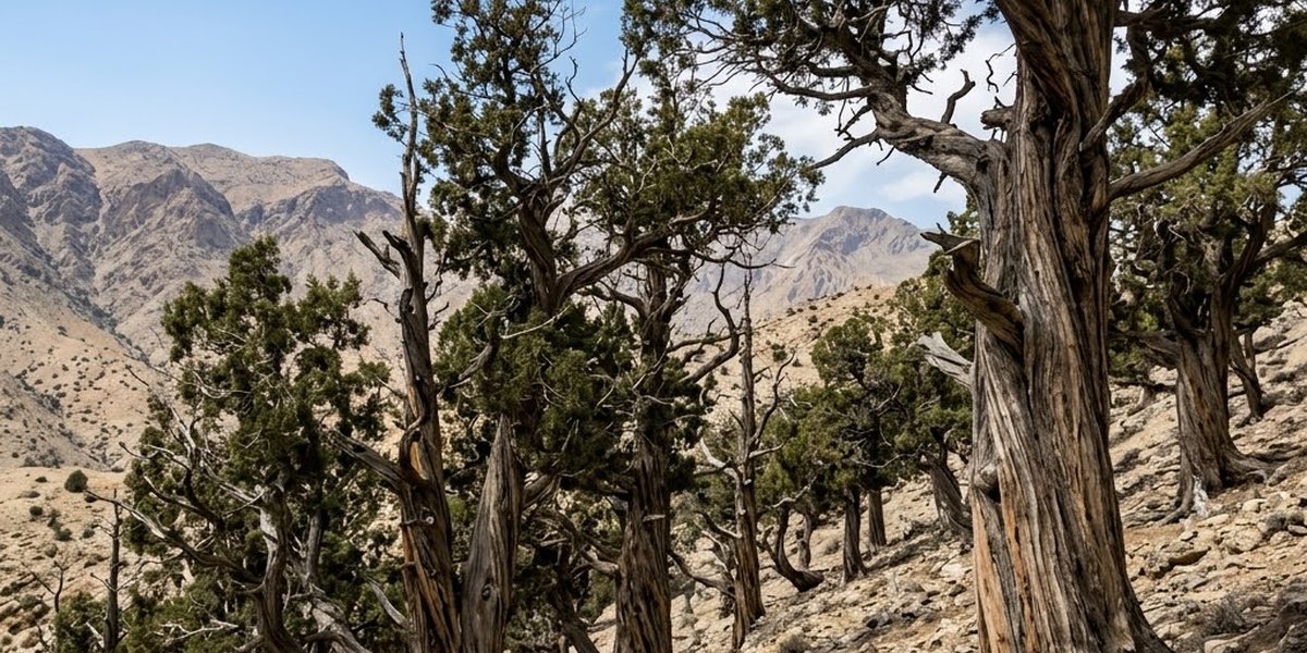 A twisted, silver-gray trunk of an ancient Juniper tree in the Ziarat mountains